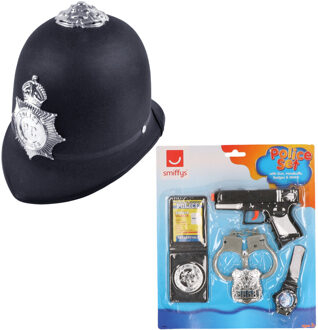 Carnaval verkleed politie agent set - pet/cap zwart - pistool/badge/handboeien set