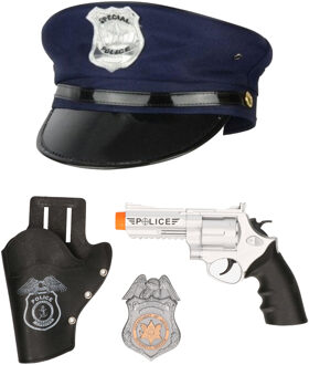 Carnaval verkleed politiepet - blauw - met pistool/badge - heren/dames - verkleedkleding accessoires