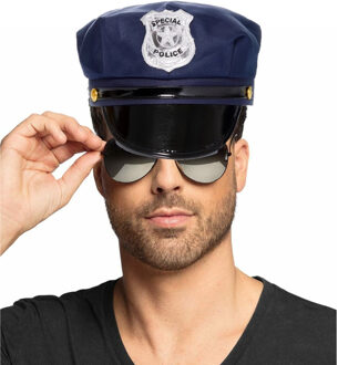 Carnaval verkleed politiepet - met donkere zonnebril - blauw - heren/dames - verkleedkleding
