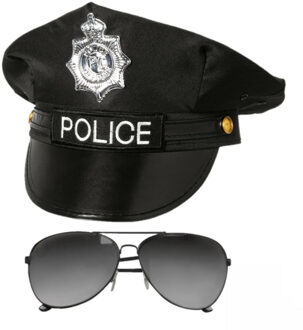 Carnaval verkleed politiepet - met donkere zonnebril - zwart - heren/dames - verkleedkleding
