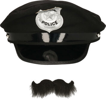 Carnaval verkleed politiepet - met politie thema plaksnor - zwart - heren - verkleedkleding