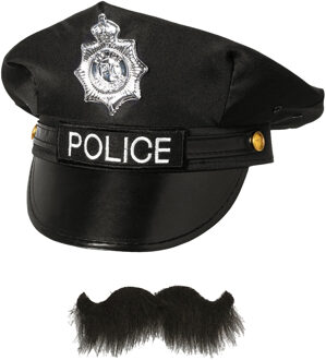 Carnaval verkleed politiepet - met politie thema plaksnor - zwart - heren - verkleedkleding