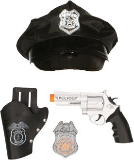 Carnaval verkleed politiepet - zwart - met pistool/badge - heren/dames - verkleedkleding accessoires