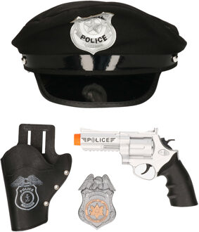 Carnaval verkleed politiepet - zwart - met pistool/badge - heren/dames - verkleedkleding accessoires