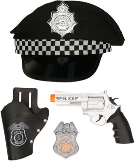 Carnaval verkleed politiepet - zwart - met pistool/badge - heren/dames - verkleedkleding accessoires