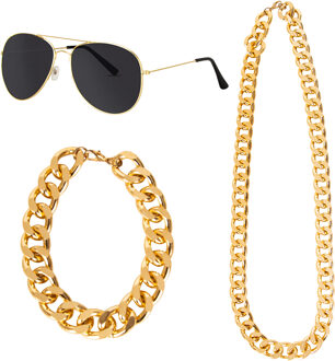 Carnaval verkleed Pooier/Pimp/Gangster set - 3-delig - volwassenen - zonnebril/armband/ketting - fou