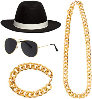 Carnaval verkleed Pooier/Pimp/Gangster set - 4 delig - volwassenen - hoed - zonnebril - sieraden