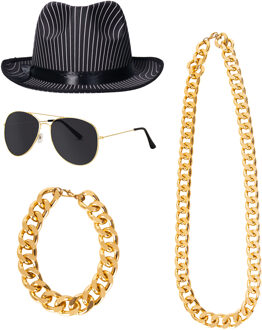 Carnaval verkleed Pooier/Pimp/Gangster set - 4 delig - volwassenen - hoed - zonnebril - sieraden
