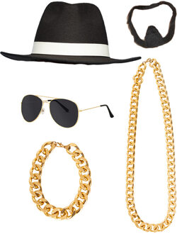 Carnaval verkleed Pooier/pimp/gangster set - 5 delig - volwassenen - hoed - zonnebril - sieraden