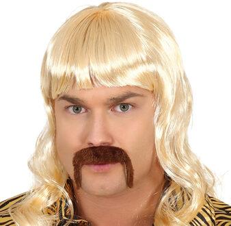 Carnaval verkleed pruik met snor - blond - Maaskantje - Jaren 80 - matje - foute party