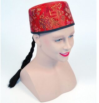 Carnaval verkleed Rood Aziatisch/Chinees hoedje met vlecht