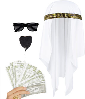 Carnaval verkleed set Arabier/Sjeik - hoofddoek - baardje - zonnebril - 75x nep dollars