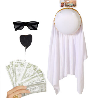 Carnaval verkleed set Arabier/Sjeik - hoofddoek - baardje - zonnebril - 75x nep dollars