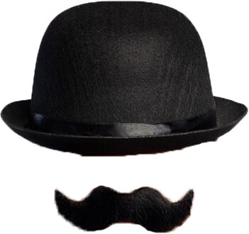 Carnaval verkleed set Aristoctaat/Gentleman - Bolhoed met plaksnor - Heren