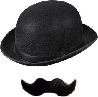 Carnaval verkleed set Aristoctaat/Gentleman - Bolhoed met plaksnor - Heren