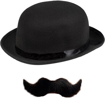 Carnaval verkleed set Aristoctaat/Gentleman - Bolhoed met plaksnor - Heren