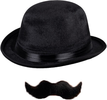 Carnaval verkleed set Aristoctaat/Gentleman - Bolhoed met plaksnor - Heren