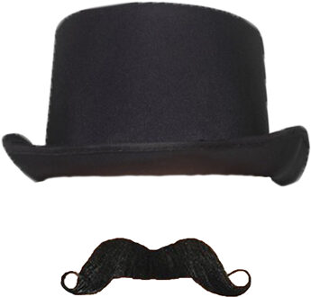 Carnaval verkleed set Aristoctaat/Gentleman George - Hoge hoed met plaksnor - Heren