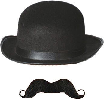 Carnaval verkleed set Aristoctaat/Gentleman Henry - Bolhoed met plaksnor - Heren