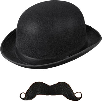 Carnaval verkleed set Aristoctaat/Gentleman Henry - Bolhoed met plaksnor - Heren