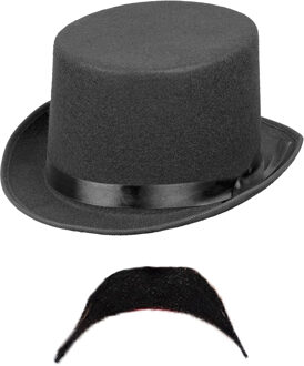 Carnaval verkleed set Aristoctaat/Gentleman - hoge hoed met plaksnor - Heren