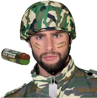 Carnaval verkleed set Army/Leger soldaten helm - met dogtags ketting en schmink - volwassenen