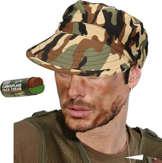 Carnaval verkleed set Army/Leger soldaten petje - met camouflage schmink stift - volwassenen