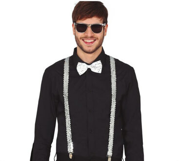 Carnaval verkleed set - bretels/party bril/vlinderstrikje - zilver - volwassenen/heren/dames