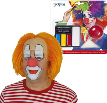 Carnaval verkleed set Clown Bassie - pruik oranje - schminkset met rode neus