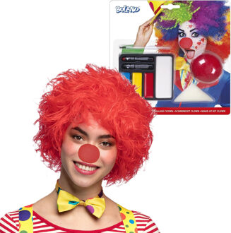 Carnaval verkleed set Clown Eddy - pruik rood - schminkset met rode neus