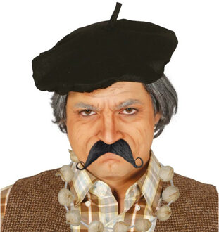 Carnaval verkleed set compleet - Fransman baret met plaksnor - en knoflook ketting - volwassenen