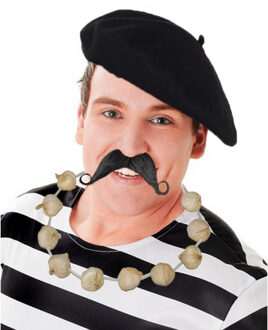 Carnaval verkleed set compleet - Fransman baret met plaksnor - en knoflook ketting - volwassenen