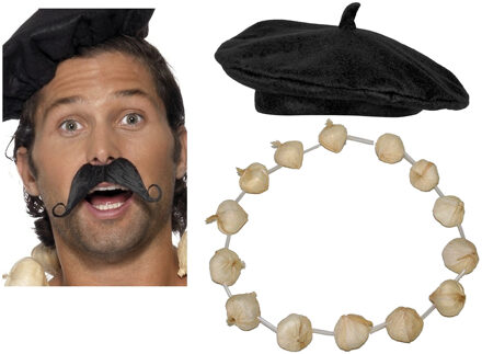 Carnaval verkleed set compleet - Fransman baret met plaksnor - en knoflook ketting - volwassenen