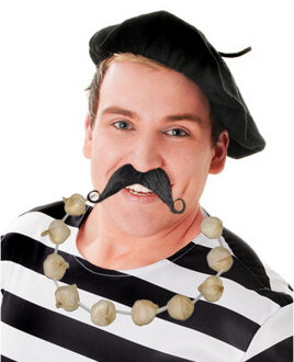 Carnaval verkleed set compleet - Fransman baret met plaksnor - en knoflook ketting - volwassenen