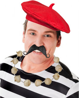 Carnaval verkleed set compleet - Fransman baret met plaksnor - en knoflook ketting - volwassenen