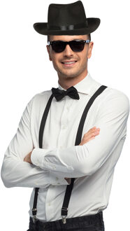 Carnaval verkleed set compleet - gangster/maffia hoedje/bretels/bril/strikje - zwart - heren