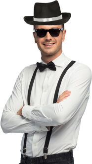 Carnaval verkleed set compleet - gangster/maffia hoedje/bretels/bril/strikje - zwart - heren