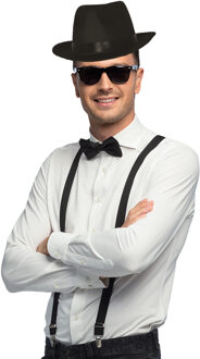 Carnaval verkleed set compleet - gangster/maffia hoedje/bretels/bril/strikje - zwart - volwassenen