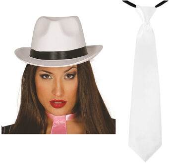 Carnaval verkleed set compleet - gangster/maffia hoedje met stropdas - wit - volwassenen