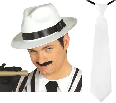 Carnaval verkleed set compleet - gangster/maffia hoedje met stropdas - wit - volwassenen