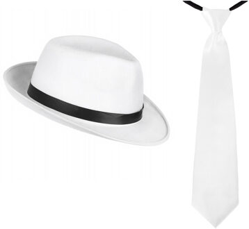 Carnaval verkleed set compleet - gangster/maffia hoedje met stropdas - wit - volwassenen