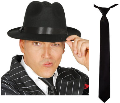 Carnaval verkleed set compleet - gangster/maffia hoedje met stropdas - zwart - volwassenen
