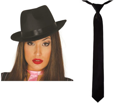 Carnaval verkleed set compleet - gangster/maffia hoedje met stropdas - zwart - volwassenen