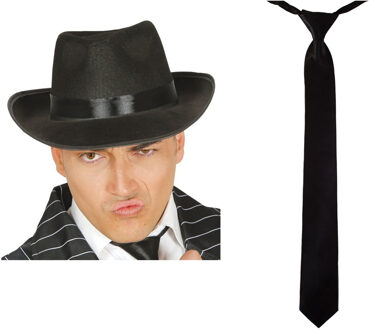 Carnaval verkleed set compleet - gangster/maffia hoedje met stropdas - zwart - volwassenen