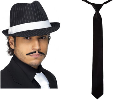 Carnaval verkleed set compleet - gangster/maffia hoedje met stropdas - zwart - volwassenen