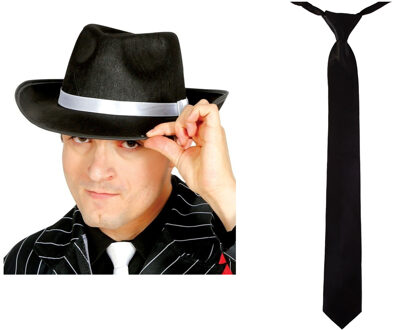 Carnaval verkleed set compleet - gangster/maffia hoedje met stropdas - zwart - volwassenen