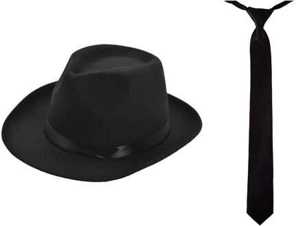 Carnaval verkleed set compleet - gangster/maffia hoedje met stropdas - zwart - volwassenen
