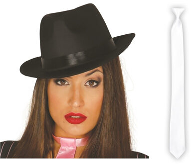 Carnaval verkleed set compleet - gangster/maffia hoedje met witte stropdas - volwassenen