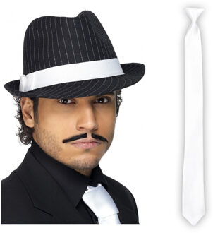 Carnaval verkleed set compleet - gangster/maffia hoedje met witte stropdas - volwassenen