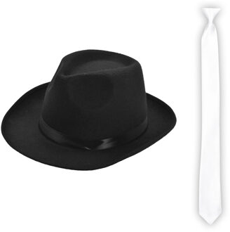 Carnaval verkleed set compleet - gangster/maffia hoedje met witte stropdas - volwassenen